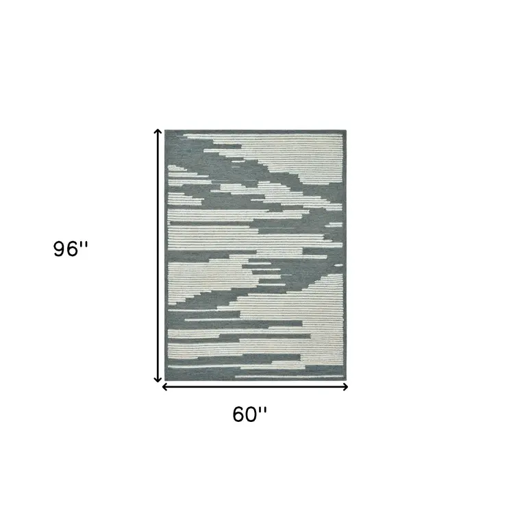 5' X 8' Blue And Ivory Wool Abstract Hand Hooked Area Rug
