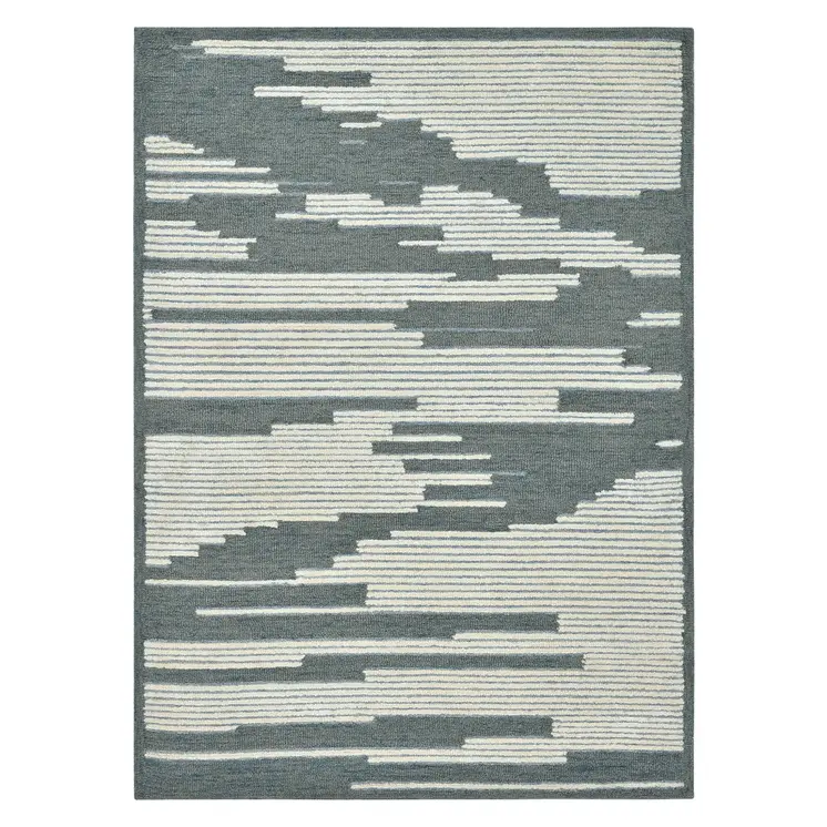 9' X 13' Blue And Ivory Wool Abstract Hand Hooked Area Rug