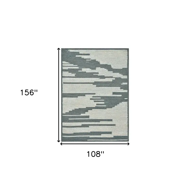 9' X 13' Blue And Ivory Wool Abstract Hand Hooked Area Rug