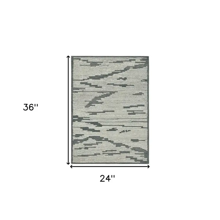 2' X 3' Dark Gray And Ivory Wool Abstract Hand Hooked Area Rug