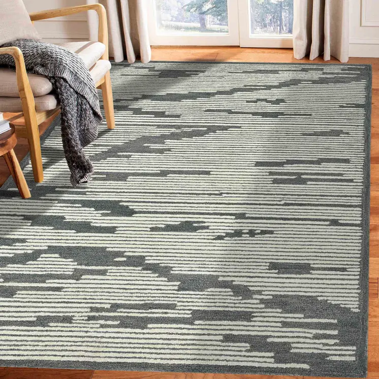 2' X 3' Dark Gray And Ivory Wool Abstract Hand Hooked Area Rug