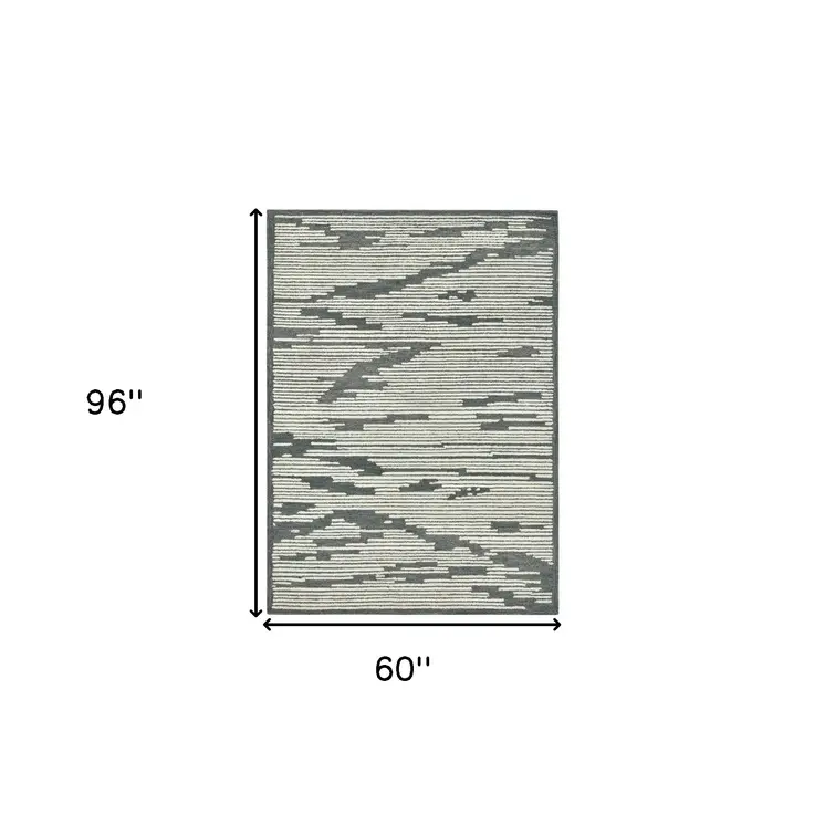 5' X 8' Dark Gray And Ivory Wool Abstract Hand Hooked Area Rug