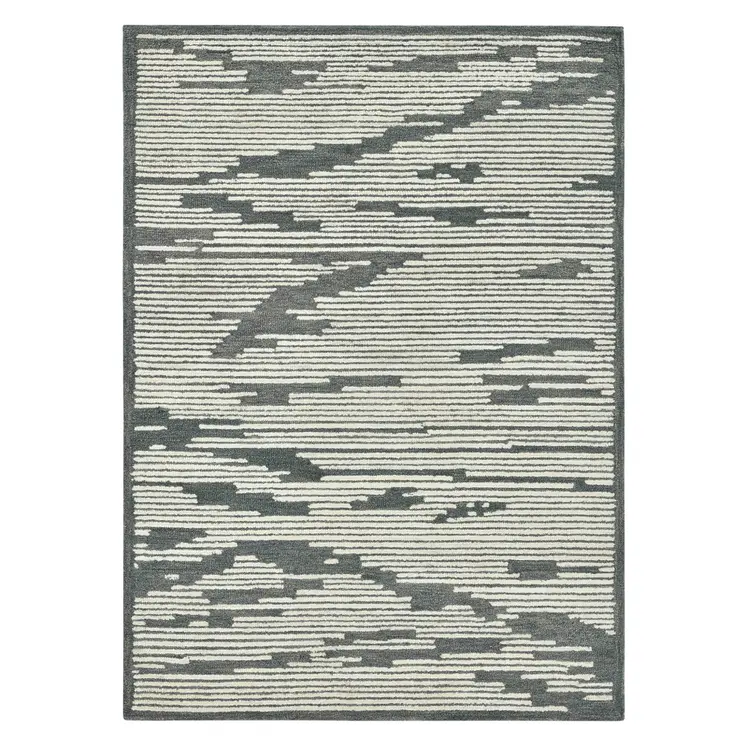 5' X 8' Dark Gray And Ivory Wool Abstract Hand Hooked Area Rug
