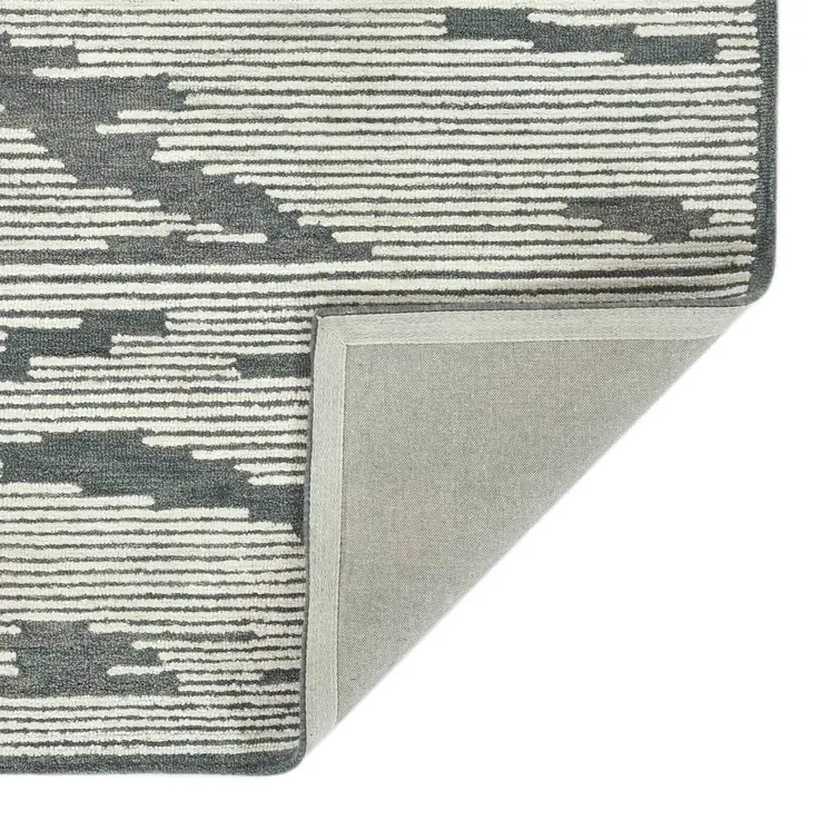 5' X 8' Dark Gray And Ivory Wool Abstract Hand Hooked Area Rug