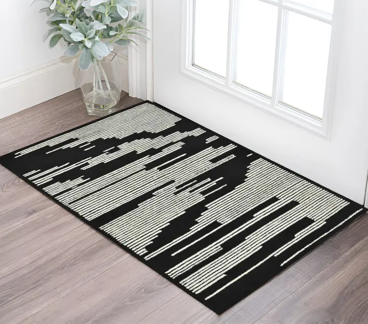 2' X 3' Black And Ivory Wool Abstract Hand Hooked Area Rug
