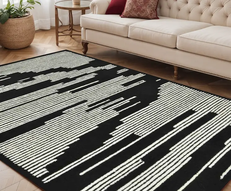 5' X 8' Black And Ivory Wool Abstract Hand Hooked Area Rug