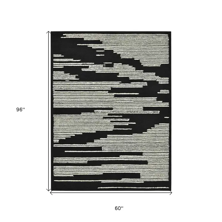 5' X 8' Black And Ivory Wool Abstract Hand Hooked Area Rug