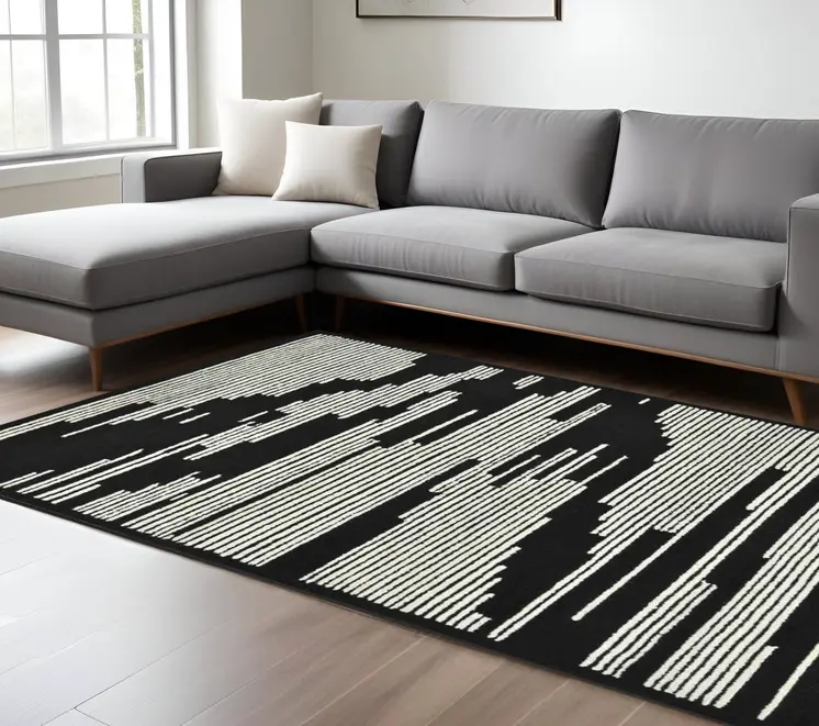 9' X 13' Black And Ivory Wool Abstract Hand Hooked Area Rug