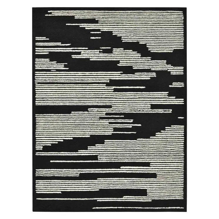 9' X 13' Black And Ivory Wool Abstract Hand Hooked Area Rug