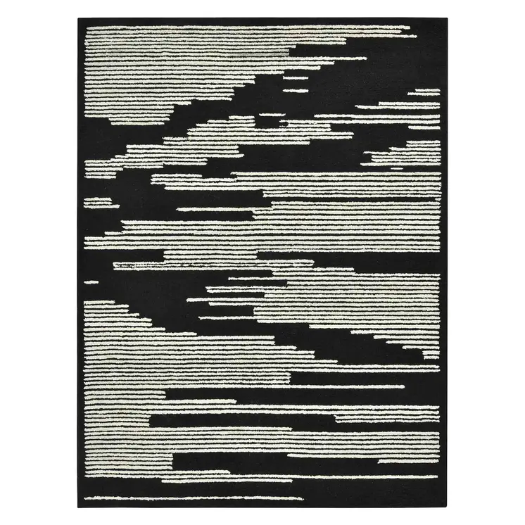9' X 13' Black And Ivory Wool Abstract Hand Hooked Area Rug