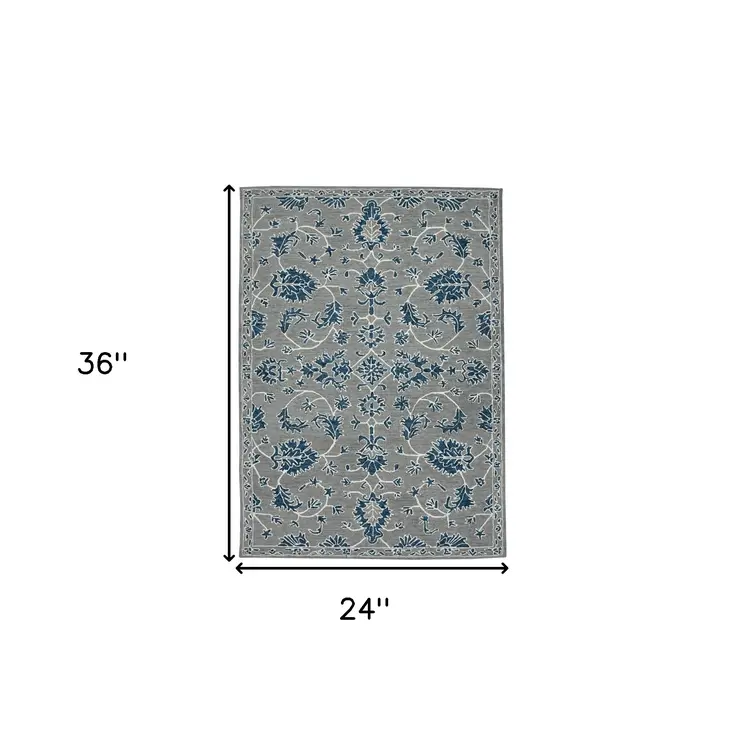 2' X 3' Gray Blue And Ivory Wool Floral Medallion Hand Hooked Area Rug