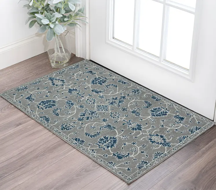 2' X 3' Gray Blue And Ivory Wool Floral Medallion Hand Hooked Area Rug