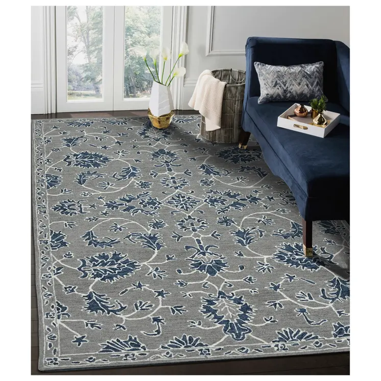 2' X 3' Gray Blue And Ivory Wool Floral Medallion Hand Hooked Area Rug