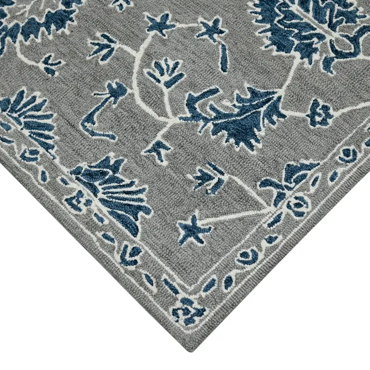 2' X 3' Gray Blue And Ivory Wool Floral Medallion Hand Hooked Area Rug