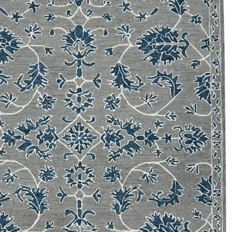 2' X 3' Gray Blue And Ivory Wool Floral Medallion Hand Hooked Area Rug