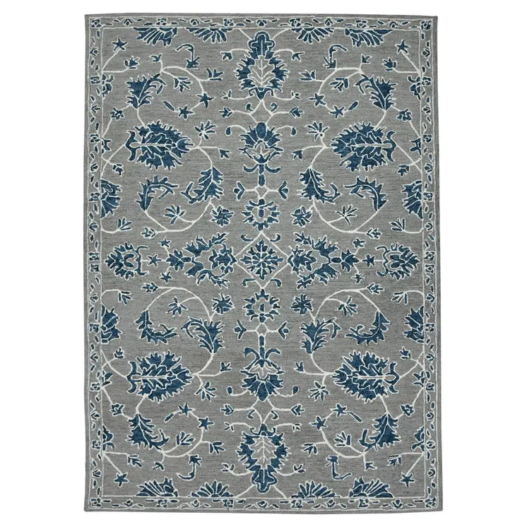 8' X 10' Gray Blue And Ivory Wool Floral Medallion Hand Hooked Area Rug