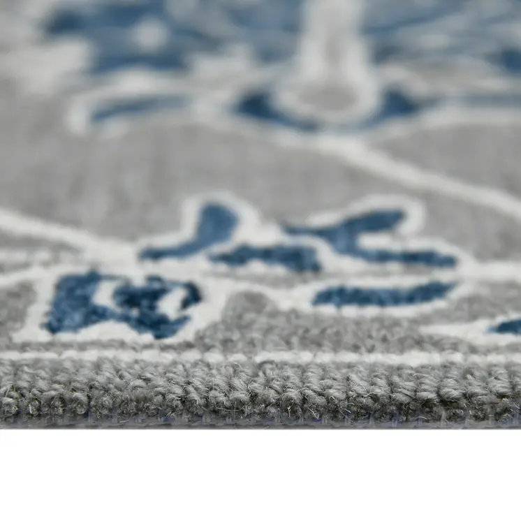 8' X 10' Gray Blue And Ivory Wool Floral Medallion Hand Hooked Area Rug