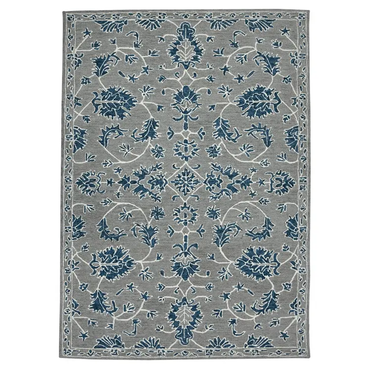 8' X 10' Gray Blue And Ivory Wool Floral Medallion Hand Hooked Area Rug