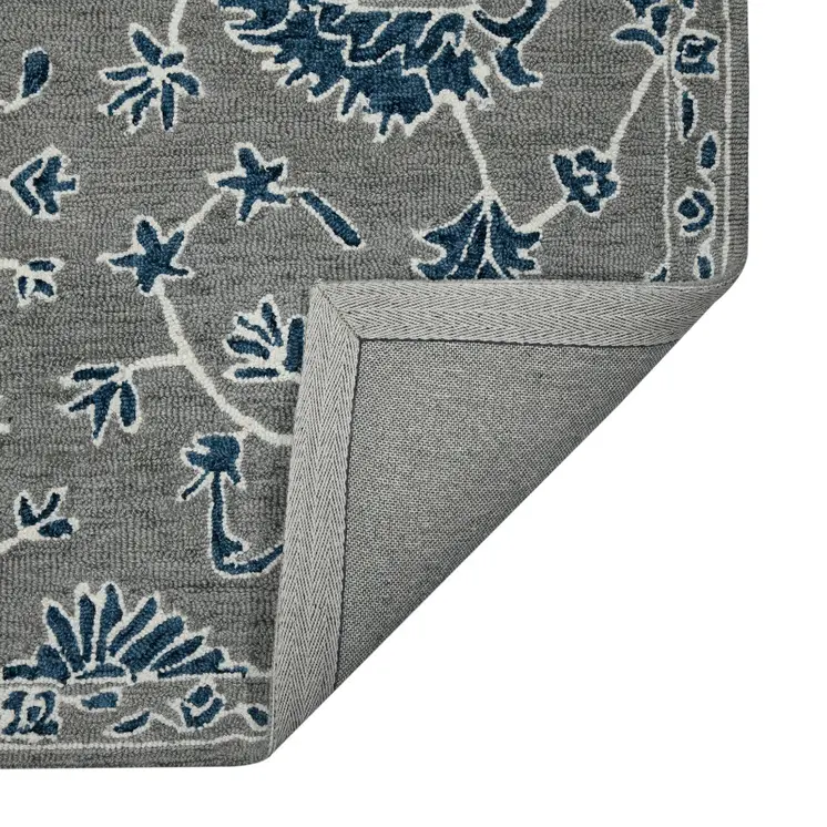 8' X 10' Gray Blue And Ivory Wool Floral Medallion Hand Hooked Area Rug
