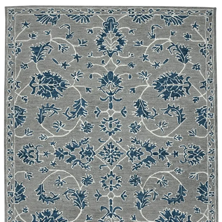8' X 10' Gray Blue And Ivory Wool Floral Medallion Hand Hooked Area Rug
