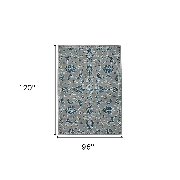 8' X 10' Gray Blue And Ivory Wool Floral Medallion Hand Hooked Area Rug