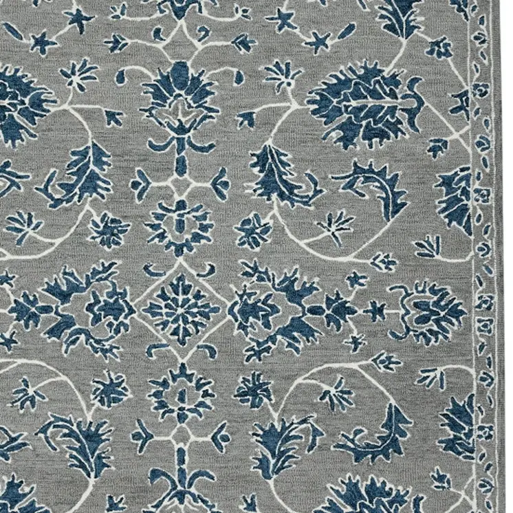 9' X 13' Gray Blue And Ivory Wool Floral Medallion Hand Hooked Area Rug