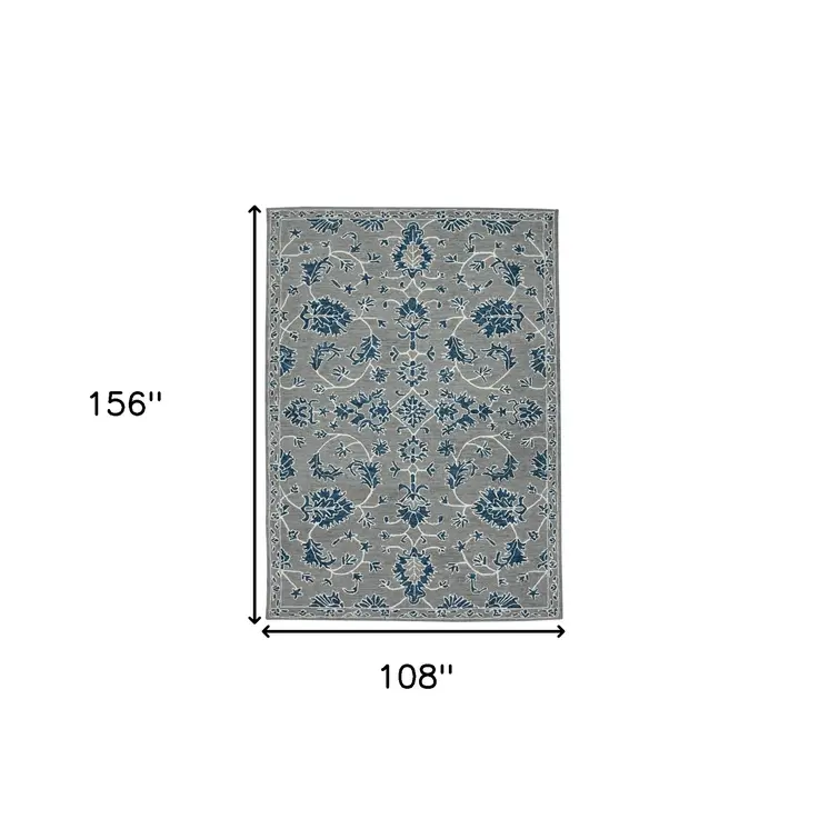 9' X 13' Gray Blue And Ivory Wool Floral Medallion Hand Hooked Area Rug