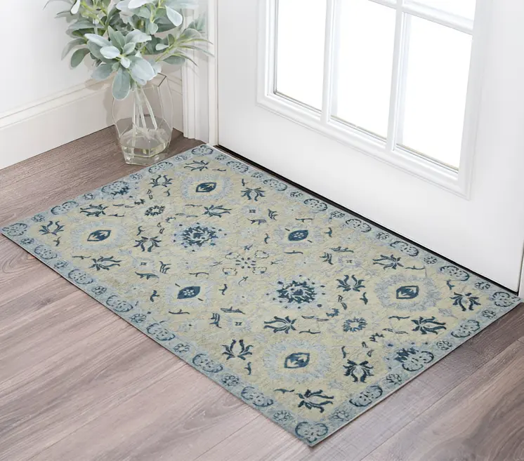 2' X 3' Gray Dark Blue And Light Blue Wool Floral Medallion Hand Hooked Area Rug