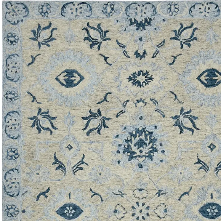 2' X 3' Gray Dark Blue And Light Blue Wool Floral Medallion Hand Hooked Area Rug