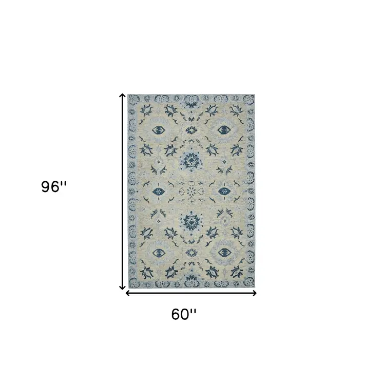 5' X 8' Gray Dark Blue And Light Blue Wool Floral Medallion Hand Hooked Area Rug