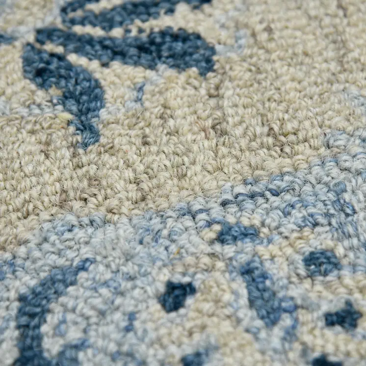 8' X 10' Gray Dark Blue And Light Blue Wool Floral Medallion Hand Hooked Area Rug