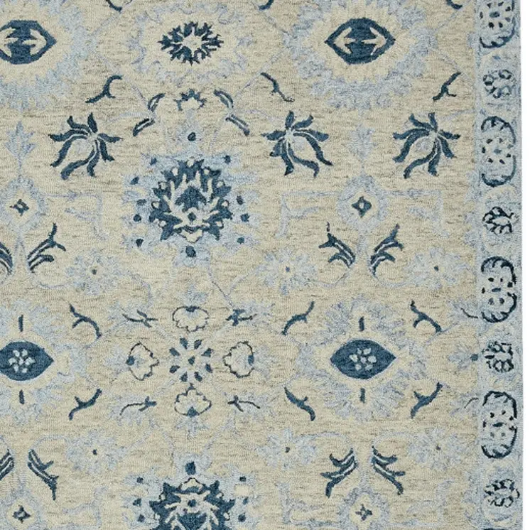 8' X 10' Gray Dark Blue And Light Blue Wool Floral Medallion Hand Hooked Area Rug