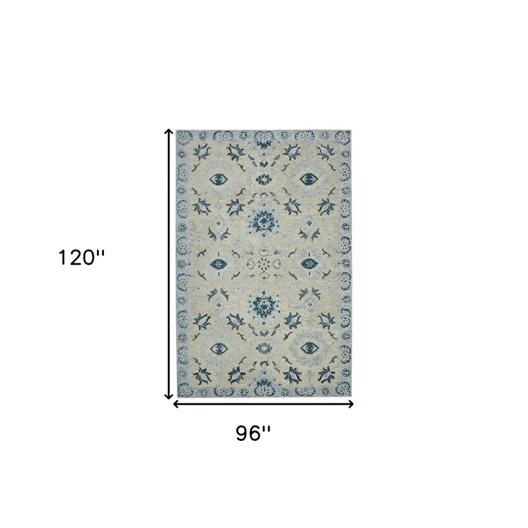 8' X 10' Gray Dark Blue And Light Blue Wool Floral Medallion Hand Hooked Area Rug