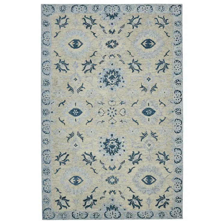 9' X 13' Gray Dark Blue And Light Blue Wool Floral Medallion Hand Hooked Area Rug
