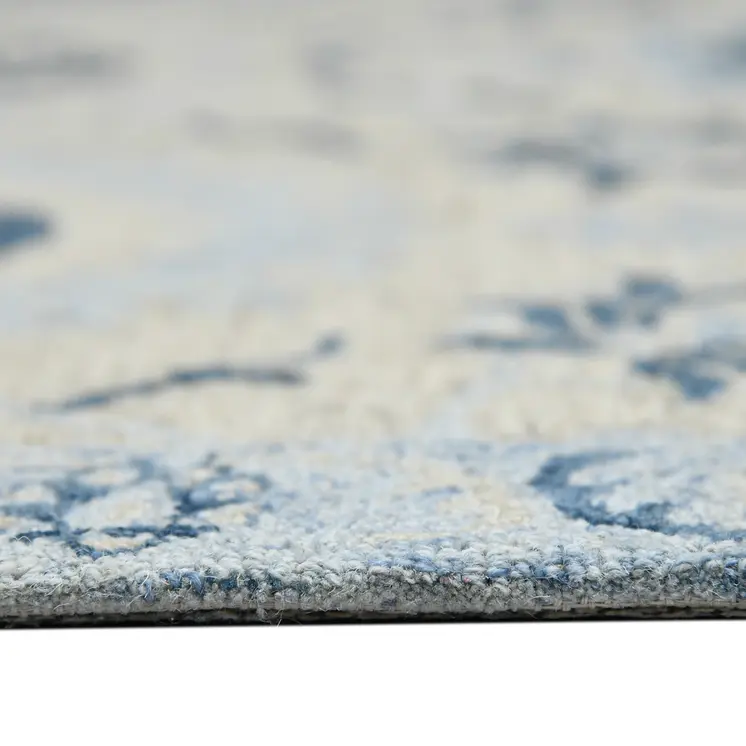 9' X 13' Gray Dark Blue And Light Blue Wool Floral Medallion Hand Hooked Area Rug