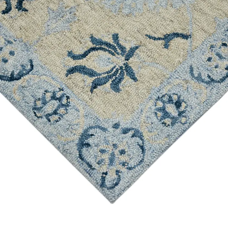 9' X 13' Gray Dark Blue And Light Blue Wool Floral Medallion Hand Hooked Area Rug