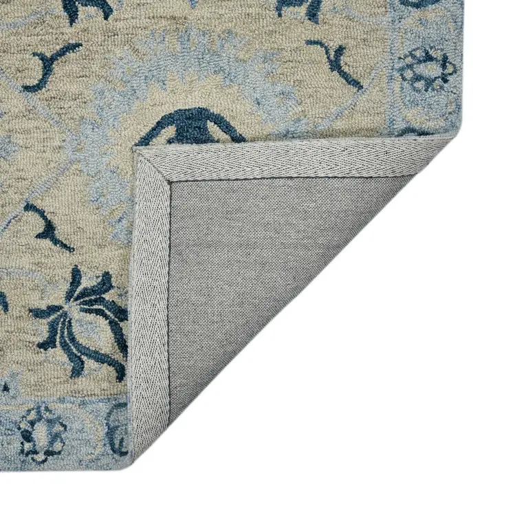 9' X 13' Gray Dark Blue And Light Blue Wool Floral Medallion Hand Hooked Area Rug