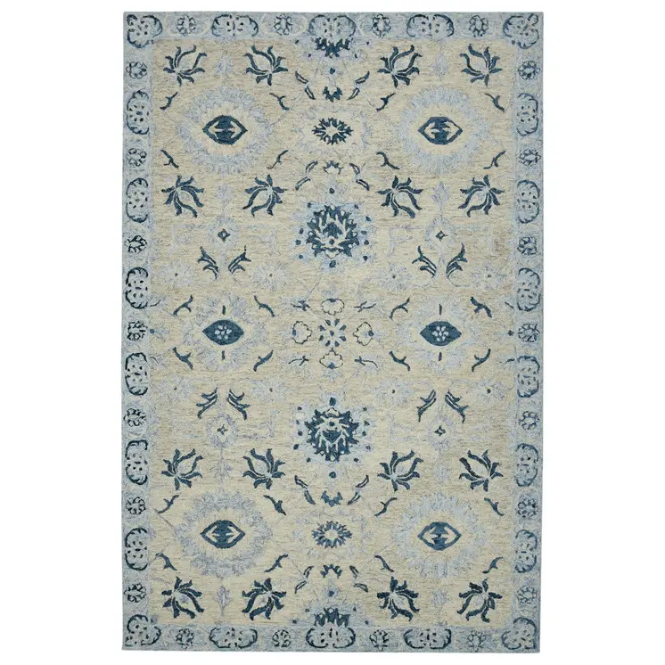 9' X 13' Gray Dark Blue And Light Blue Wool Floral Medallion Hand Hooked Area Rug
