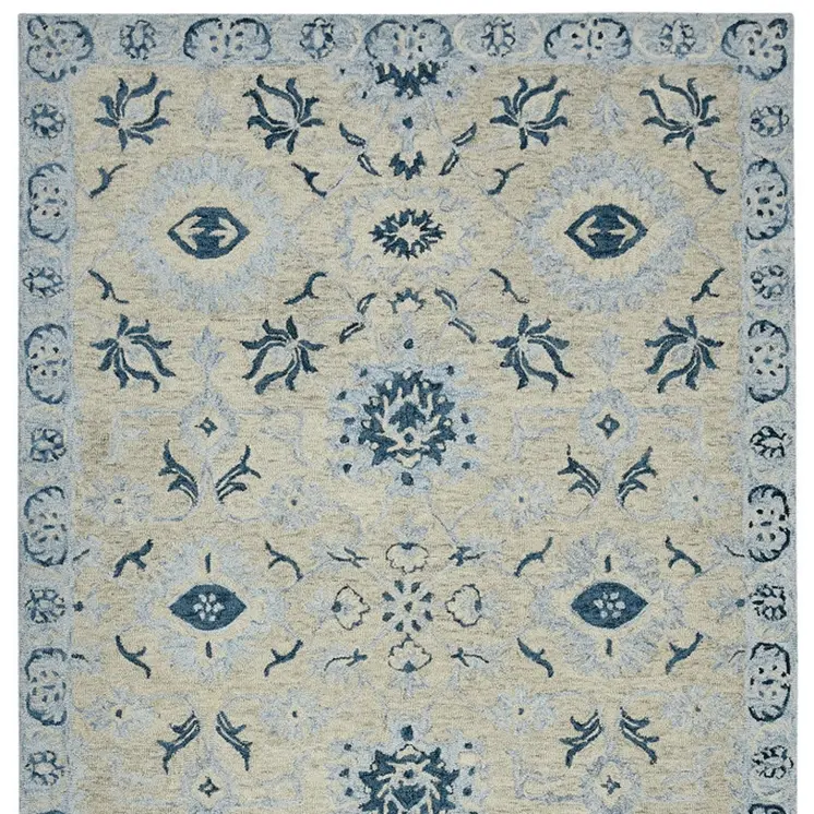 9' X 13' Gray Dark Blue And Light Blue Wool Floral Medallion Hand Hooked Area Rug