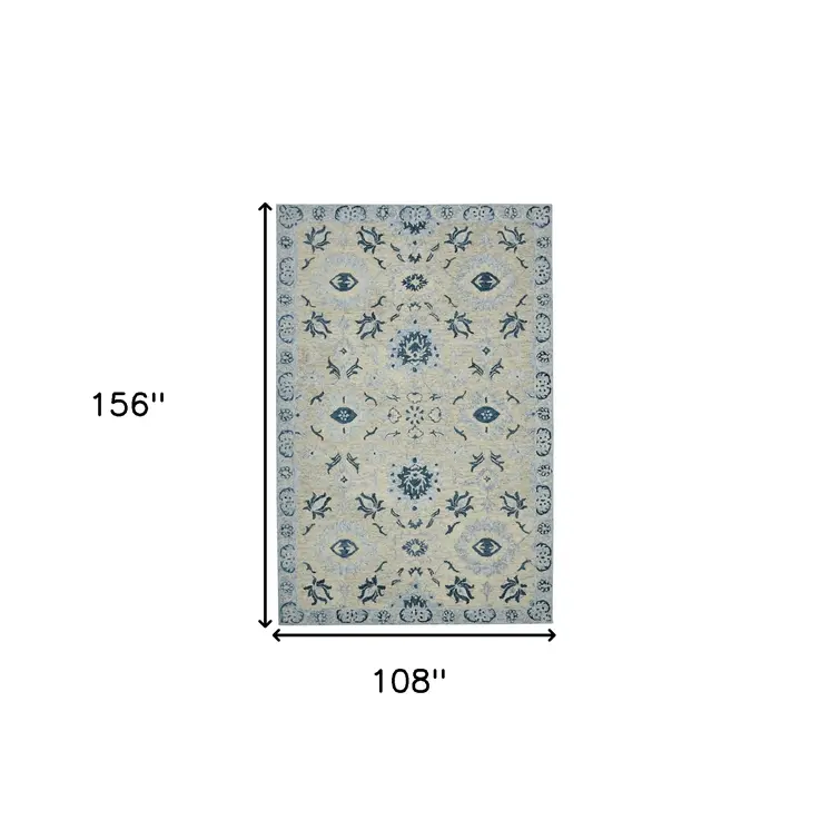 9' X 13' Gray Dark Blue And Light Blue Wool Floral Medallion Hand Hooked Area Rug