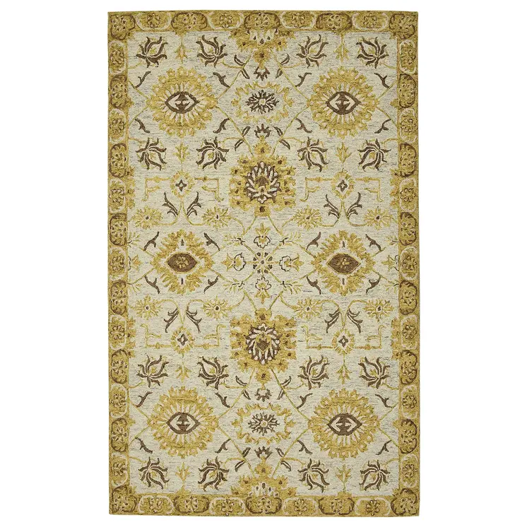 8' X 10' Gold Beige And Brown Wool Floral Medallion Hand Hooked Area Rug