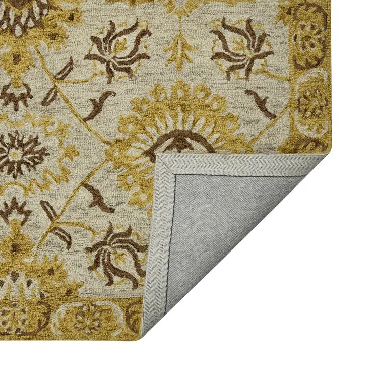 8' X 10' Gold Beige And Brown Wool Floral Medallion Hand Hooked Area Rug