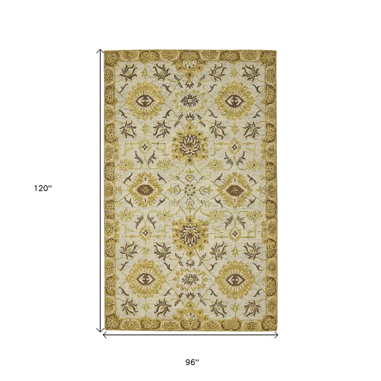 8' X 10' Gold Beige And Brown Wool Floral Medallion Hand Hooked Area Rug