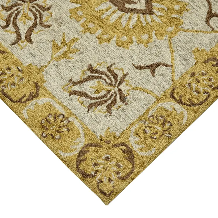 9' X 13' Gold Beige And Brown Wool Floral Medallion Hand Hooked Area Rug
