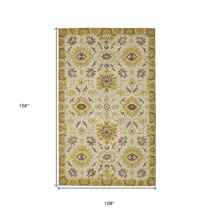 9' X 13' Gold Beige And Brown Wool Floral Medallion Hand Hooked Area Rug