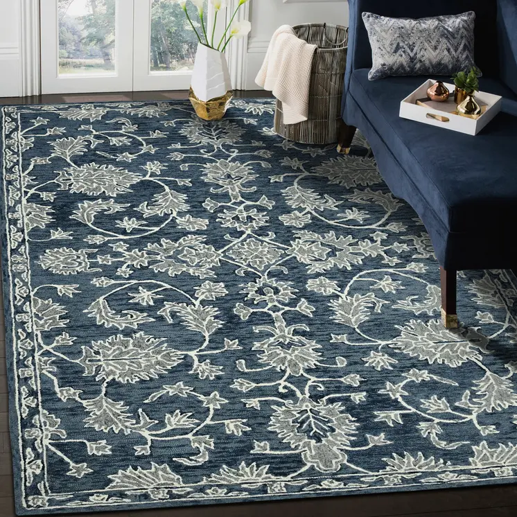 5' X 8' Teal Gray And Ivory Wool Floral Medallion Hand Hooked Area Rug