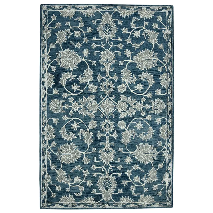 8' X 10' Teal Gray And Ivory Wool Floral Medallion Hand Hooked Area Rug