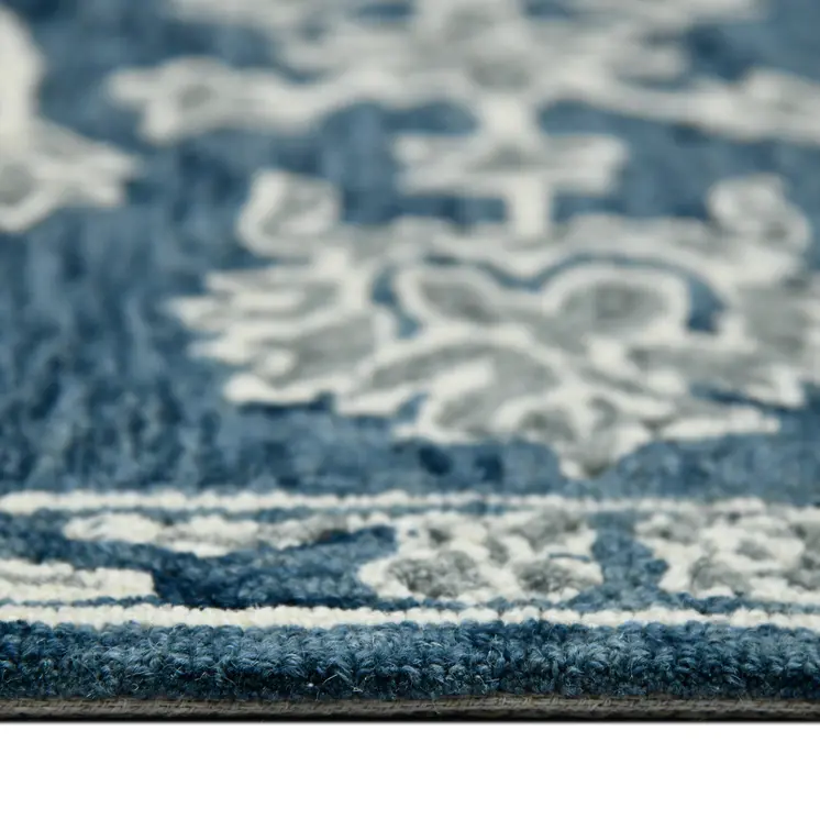 8' X 10' Teal Gray And Ivory Wool Floral Medallion Hand Hooked Area Rug