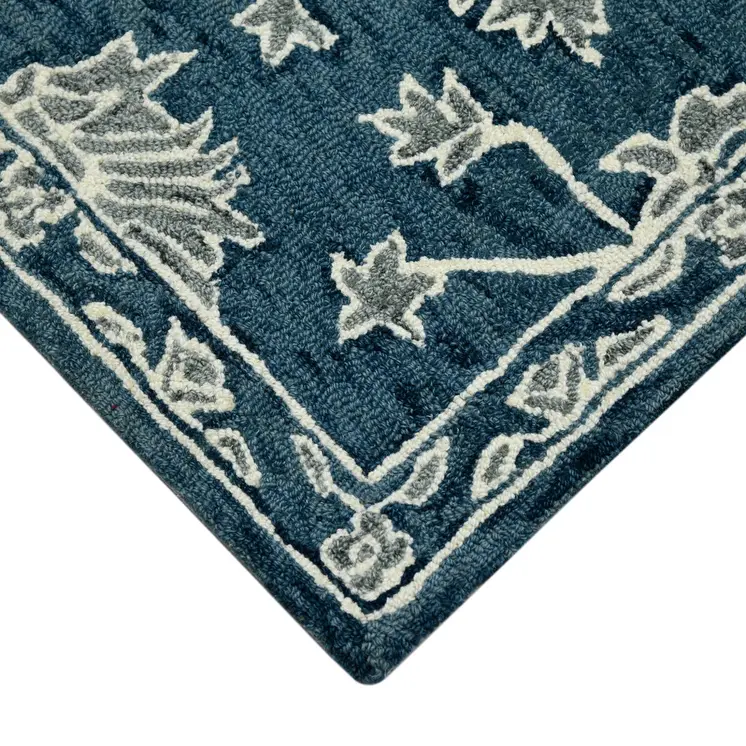 8' X 10' Teal Gray And Ivory Wool Floral Medallion Hand Hooked Area Rug