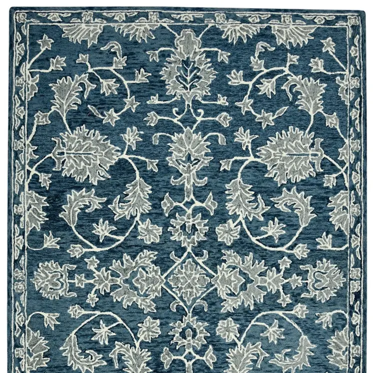 8' X 10' Teal Gray And Ivory Wool Floral Medallion Hand Hooked Area Rug